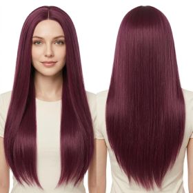 Versatile Center-Parted Long Straight Wig for Women's (Type: Wig, Color: Claret)
